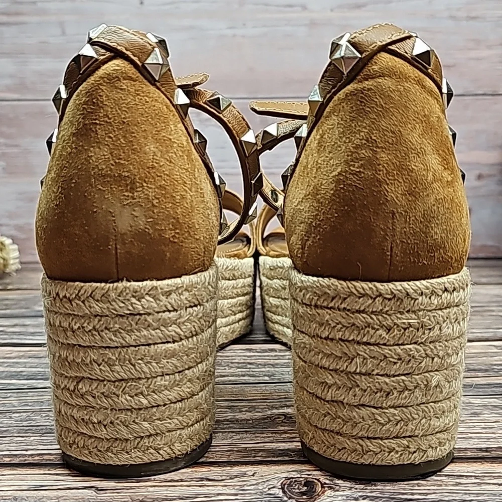 MARC FISHER JAZLYN BROWN SUEDE STUDED WEDGE ESPADRILLES